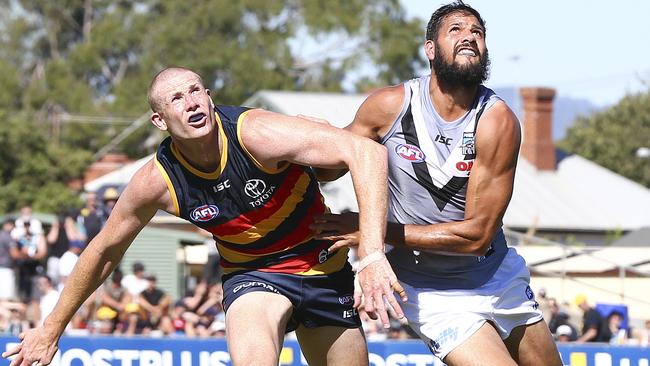 Sam Jacobs had a huge battle with Paddy Ryder in the ruck. Picture: Sarah Reed