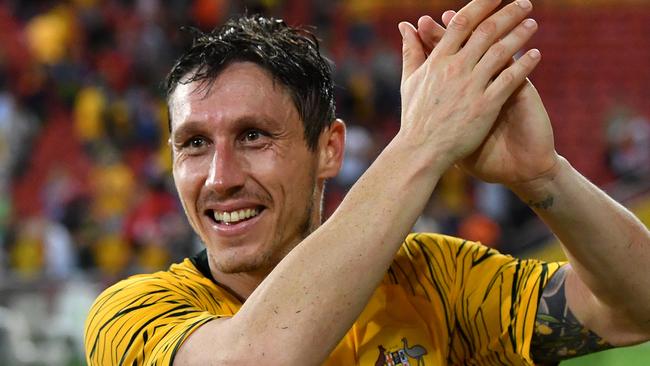 Mark Milligan of the Socceroos is seen reacting at the end of the International friendly match between Australia and the Korea Republic at Suncorp Stadium, in Brisbane, Saturday, November 17, 2018. (AAP Image/Darren England) NO ARCHIVING, EDITORIAL USE ONLY