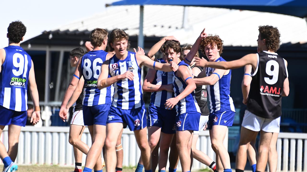 Mt Gravatt players celebrate a goal QAFL colts Australian football: Morningside v Mt Gravatt. Saturday July 22, 2023. Picture, John Gass