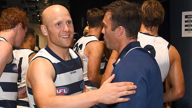 Gary Ablett is congratulated by coach Chris Scott after Geelong’s win over West Coast. Picture: Getty Images