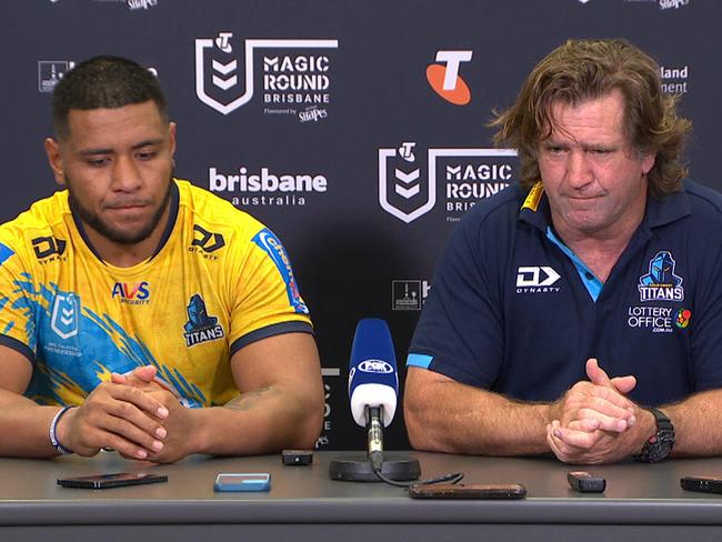 Des Hasler has unloaded on the Bunker after the Titans were denied a match winning try against the Knights. Picture: Fox League