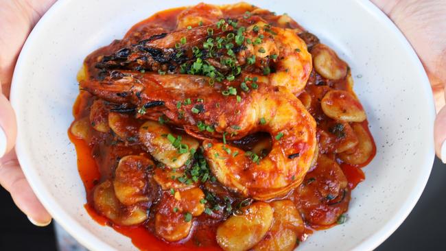 Yamba prawn with Korean ‘pasta’. Picture: Jenifer Jagielski