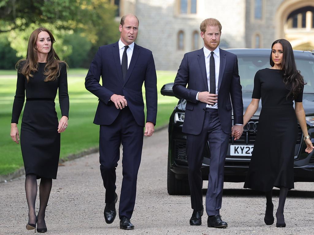 Catherine, Princess of Wales, Prince William, Prince of Wales, Prince Harry, Duke of Sussex, and Meghan, Duchess of Sussex arrive to view flowers and tributes to HM Queen Elizabeth on September 10, 2022 in Windsor, England. Picture: Chris Jackson/Getty Images.