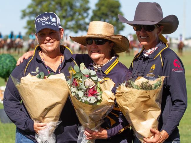 Key Bundaberg PC Committee members are thanked at the 2023 PQC State Showjumping Championships. From left: Jody Holt, Jenny-Lee Stockham and Kate Thorne.