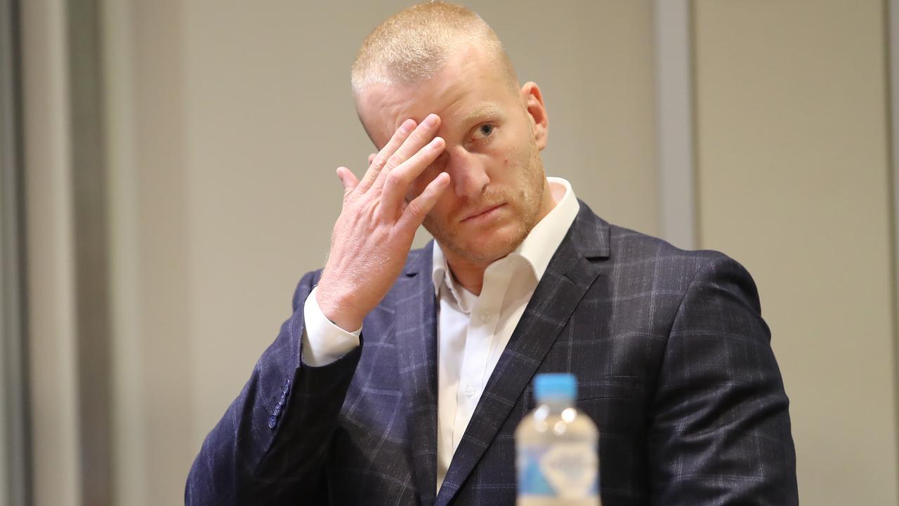 DAILY TELEGRAPH 29TH MARCH 2022 Pictured at the NRL judiciary at Moore Park in Sydney is Newcastle Knights player Mitch Barnett, who is fronting the panel for a hearing into his elbow contact on a Panthers player. Picture: Richard Dobson