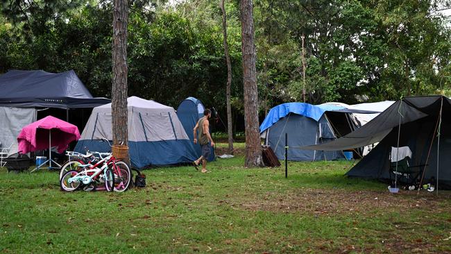 Tents being used by the homeless in a park at Rothwell, north of Brisbane. Picture: Dan Peled / NCA NewsWire