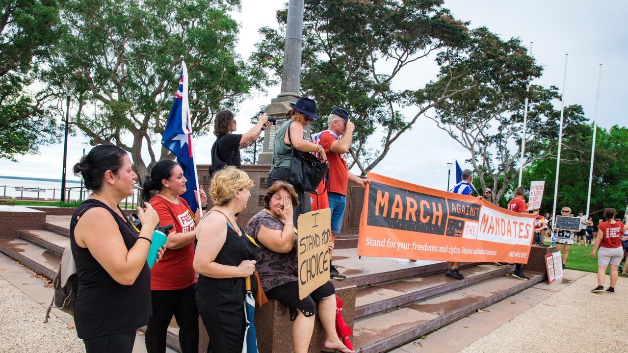 Protesters congregate at the Cenotaph at a Free in the NT march in Darwin. Picture: Glenn Campbell