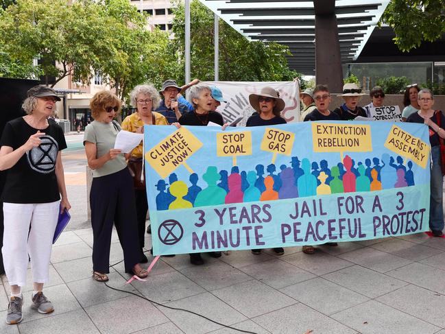 Supporters gathered at the Brisbane Magistrates court after 13 Extinction Rebellion State Parliament protesters were sentenced. Picture: Tertius Pickard