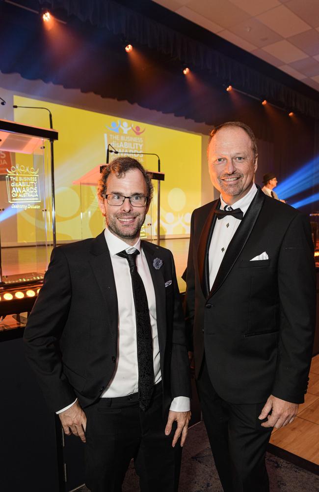 Paralympic gold medalist Matt Levy OAM (left) with Business disAbility Awards of Australia chair Greg Luck at Edmund Rice Cultural Centre, Saturday, May 17, 2025. Picture: Kevin Farmer