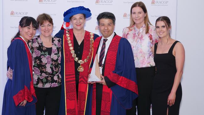 RACGP president Dr Nicole Higgins (centre in hat) and Banksia Medical Centre owner Dr Bernard Shiu with team members Dr Jenny Huang, Kerrie Palmer, Amanda Demark and Isabella Rothon. Picture: Supplied