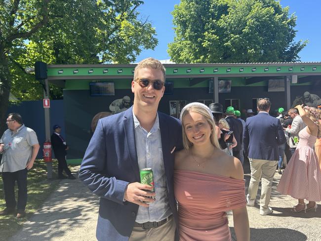 Nadege Mindel and Ryan Bebendorf enjoying the Melbourne Cup. Picture: Oscar Jaeger