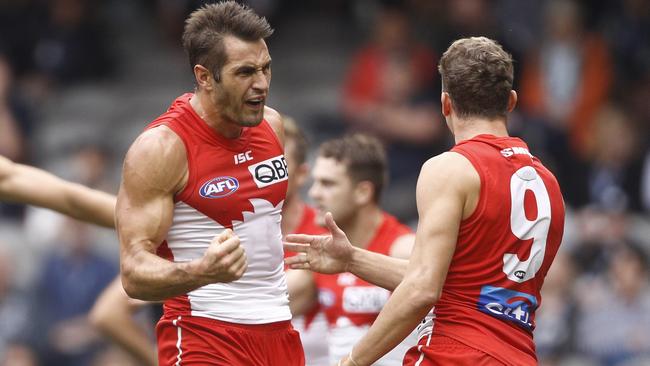 Josh Kennedy celebrates a goal during Sydney’s win over Carlton this year. Picture: Daniel Pockett. 