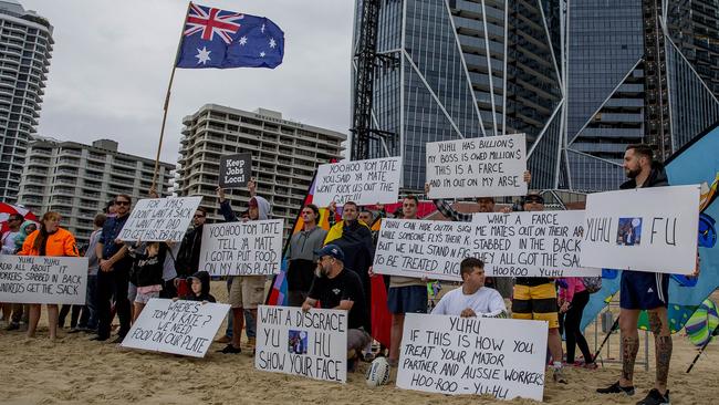 Workers protesting beside the Jewel site on Sunday. Picture: Jerad Williams