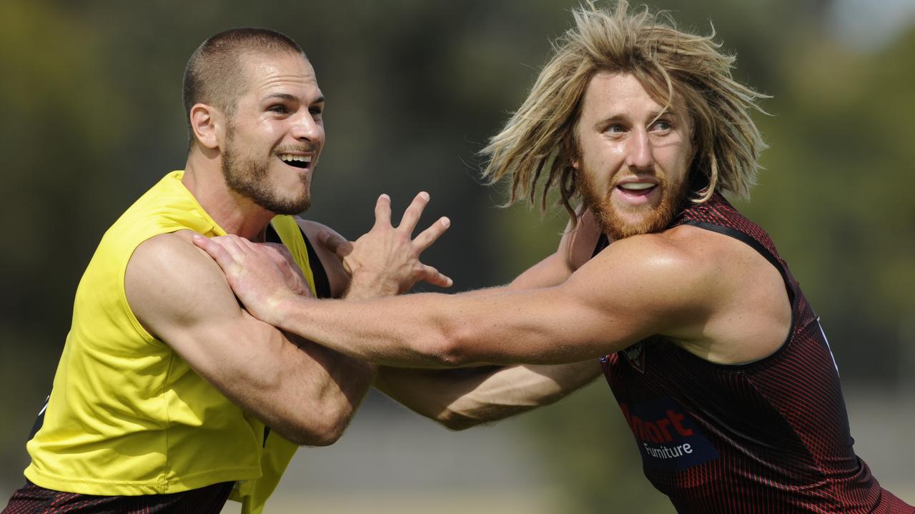 David Zaharakis and Dyson Heppell grapple at pre-season training. Picture: Alan Barber