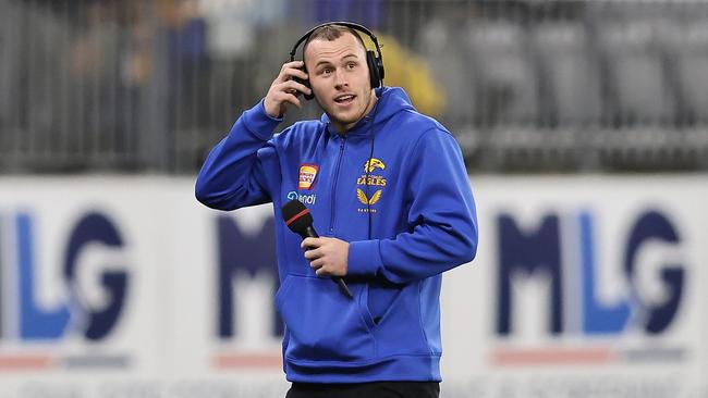 Daniel Venables of the Eagles addresses the supporters at the half time break following his retirement announcement. Picture: Getty Images