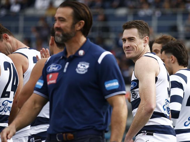 Jezza shares a smile with Chris Scott. Picture: Daniel Pockett/AFL Photos/via Getty Images