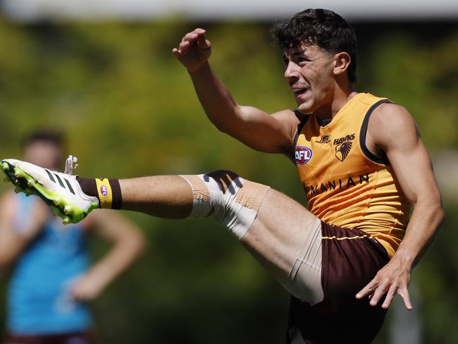 MELBOURNE , AUSTRALIA.February 15 , 2024.  AFL. Hawthorn Intraclub practise match at Waverley  Park.  Massimo DÃAmbrosio  during the clubs intra club hit out  . Pic: Michael Klein