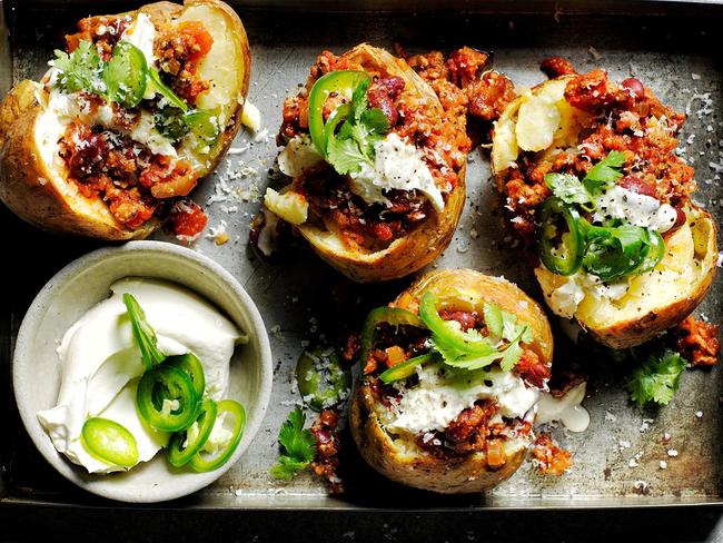 Jacket potatoes with chilli con carne.