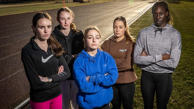 Would be athletes from the Llamberris Athletics Reserve in Ballarat disappointed that the Commonwealth Games have been cancelled. Molly Fraser (17), Mackayla Culbenor (15), Armani Anderson (16), Bridie Orchard (15) and Nyajima Jock (20). Picture: Jake Nowakowski