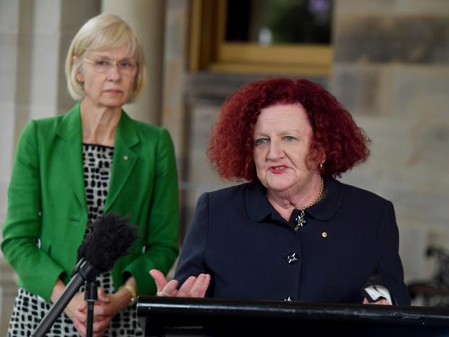 Professor Debra Terry of UQ and Professor Margaret Sheil of QT at a press conferance for International students entering Queensland from early 2022.Tuesday October 26, 2021. Picture, John Gass