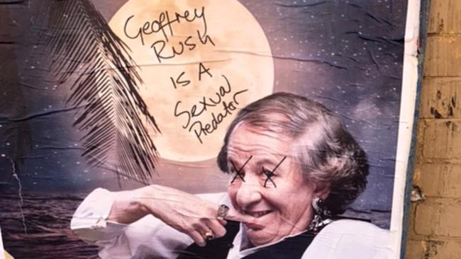 ## MUST Legal before use ##A billposter of Geoffrey Rush promoting the 2018 Melbourne Theatre Company season. The poster has been vandalised accusing Rush of inappropriate behaviour.