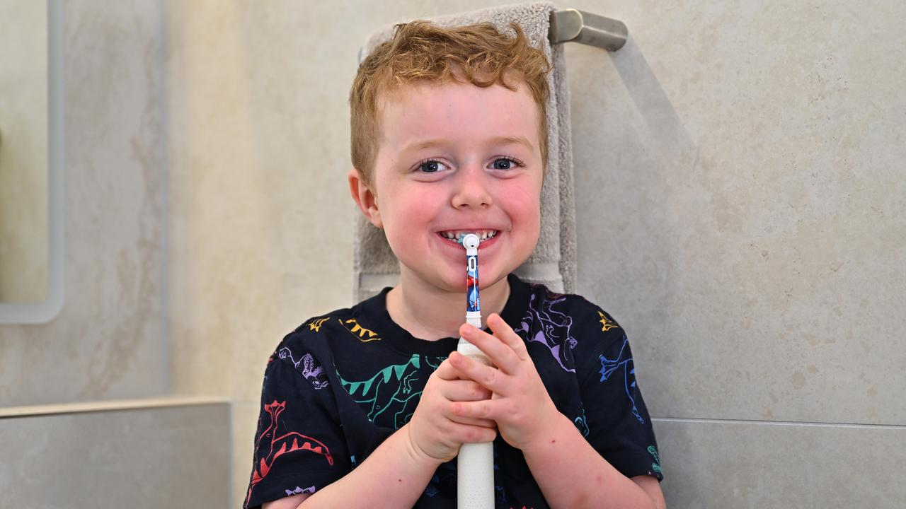 Five year old Hamish Thorpe practises his tooth brushing technique after his dentist visit. Picture Emily Barker