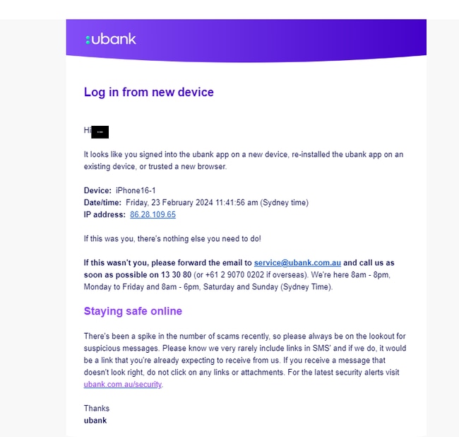 Email from Ubank saying a new device had been added. Picture: Supplied