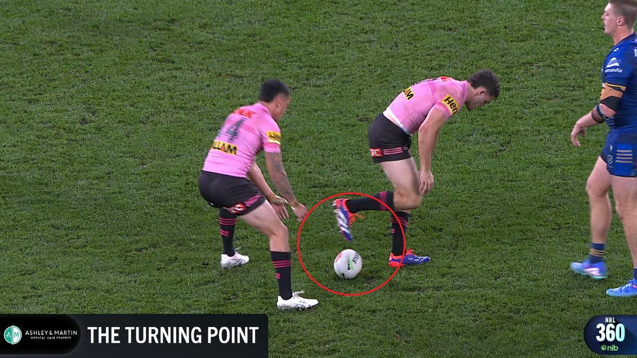 Nathan Cleary plays the ball incorrectly against the Eels.