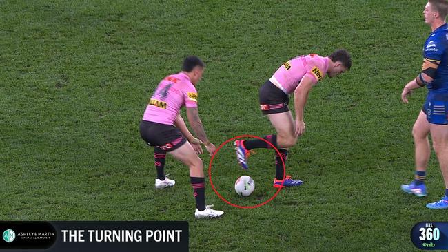 Nathan Cleary plays the ball incorrectly against the Eels.