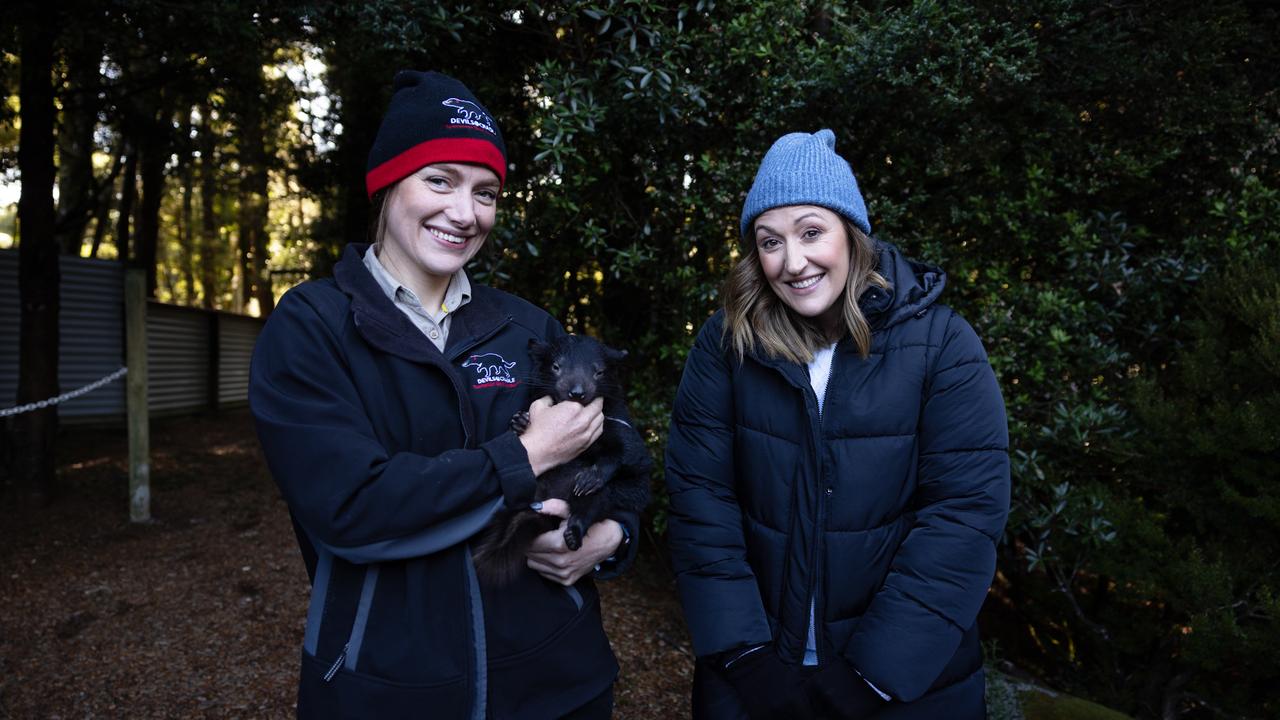 Celia Pacquola on right at Devils@Cradle. Tourism Tasmania's Winternships 2025 with actor Celia Pacquola the face of the campaign. Picture: Tourism Tasmania