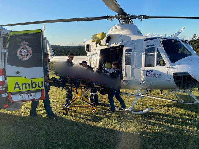 The Bundaberg-based RACQ LifeFlight Rescue helicopter crew has taken a man to hospital, after he was injured in a quad bike crash.