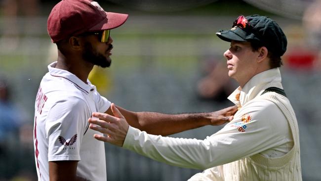 Australia's captain Steve Smith shakes hands with West Indies captain Kraigg Brathwaite after their 2-0 victory. Picture: AFP