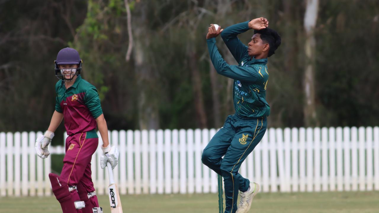 Kethmin Meegasdeniya of Wynnum Manly bowling his spin - he took two wickets on Sunday.