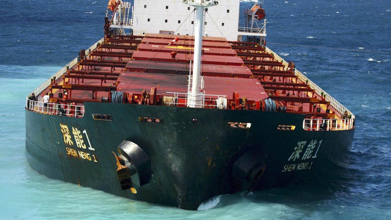 Chinese coal carrier Shen Neng 1 after it ran aground on Douglas Shoals inside the Great Barrier Reef Marine Park. Picture: Supplied, Wolter Peeters