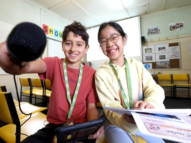 Taneesh Prabhakar, 11, from Morningside State School, with Wujin Lee, 11, from Brookfield State School.