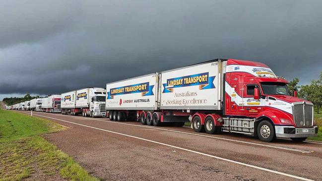 The lineup of trucks at Basalt Creek, Gregory Developmental Road (Greenvale – Charters Towers) on February 7. Picture: Terence Swemmer.