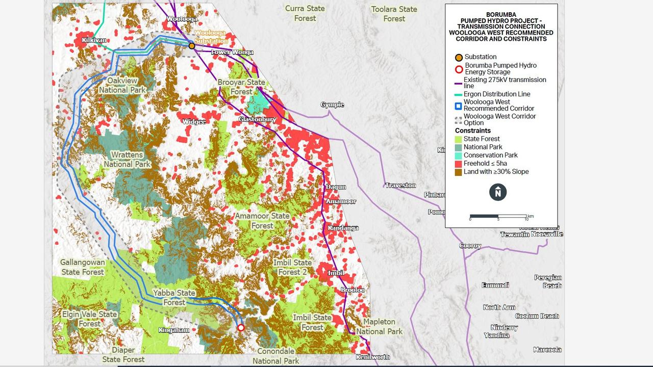 Powerlink has announced a recommended high voltage transmission line connecting Borumba Dam to Woolooga substation. Picture: Supplied