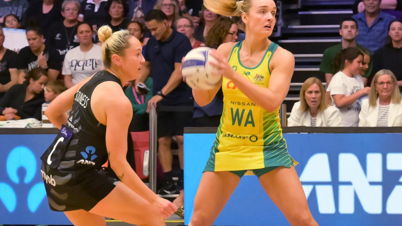 The Hancock Prospecting logo notably absent on the Australia Diamonds dresses in the Constellation Cup series in New Zealand. Picture: Getty Images