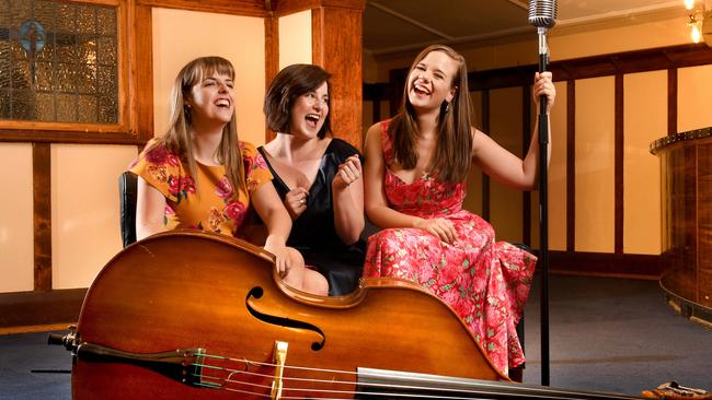 Kyrie Anderson, Kate Fuller and Bonnie Aue at the Woodville Town Hall, where they are set to perform as part of the International Jazz Day Concert. Picture: Tricia Watkinosn