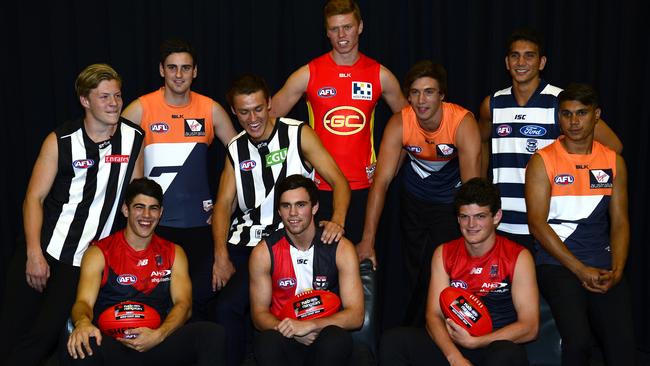 The top 10 picks from the 2014 AFL draft: (back row from left) Jordan De Goey, Paul Ahern, Darcy Moore, Peter Wright, Caleb Marchbank, Nakia Cockatoo, Jarrod Pickett, (front row from left) Christian Petracca, Paddy McCartin and Angus Brayshaw. Picture: Stephen Harman