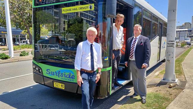 Tweed MP Geoff Provest, NSW Transport Minister Andrew Constance, and Surfside Buslines General Manager Martin Hall. Picture: Rick Koenig