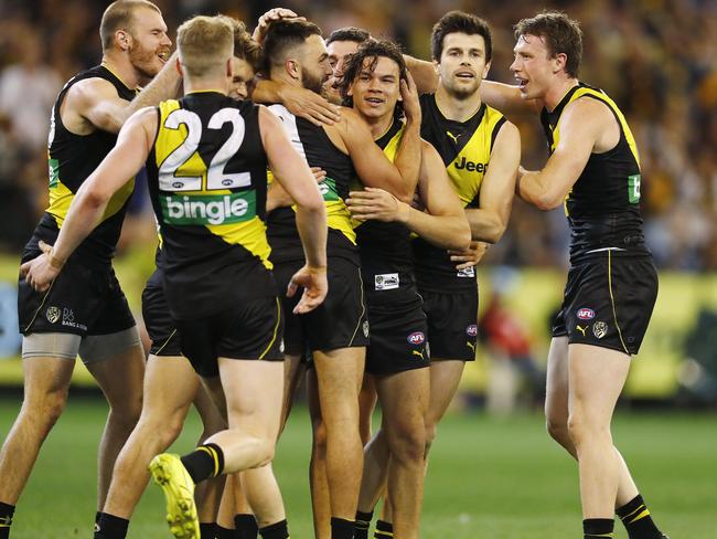 Richmond players celebrate after a Daniel Rioli goal. Picture: Michael Klein