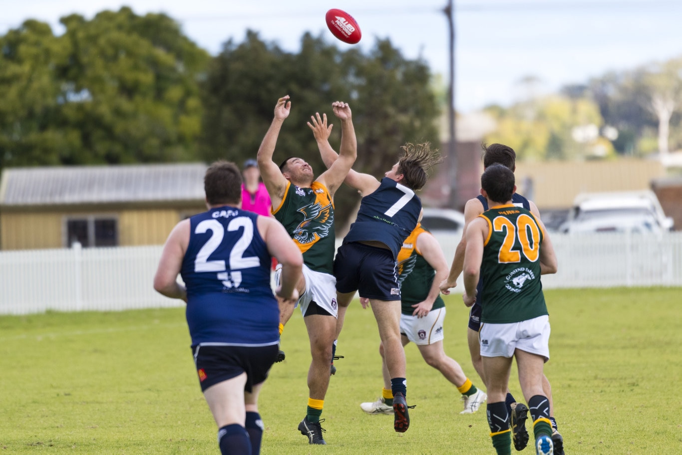 Brent Townsend (left) of Goondiwindi and Willem Baines of Coolaroo in AFL Darling Downs round one at Rockville Oval, Saturday, July 11, 2020. Picture: Kevin Farmer