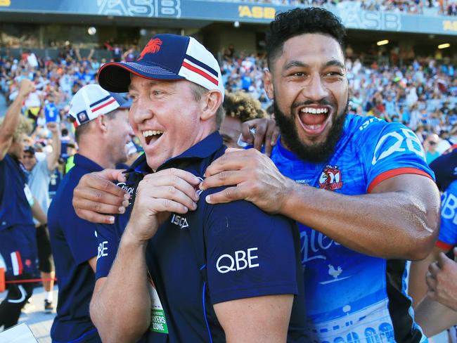 Roosters Coach Trent Robinson with Issac Lui as the Roosters win the Nines over the Panthers.