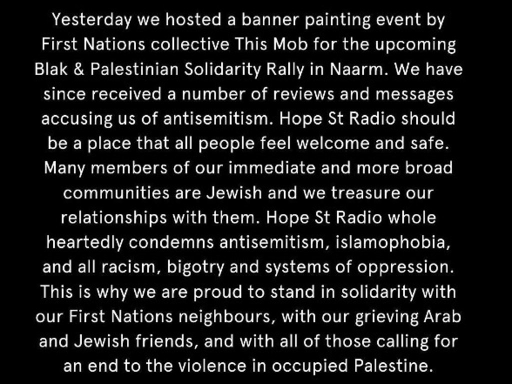 Hope St Radio issued a statement saying it supports the Jewish community.