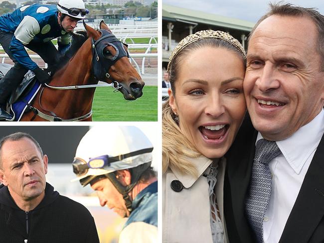 Chris Waller and wife Stephanie (right) celebrate Winx's victory in the 2018 Winx Stakes; Waller supervises the Melbourne Cup preparation of Buckaroo (top left) with trackwork rider Steven Arnold (bottom left).