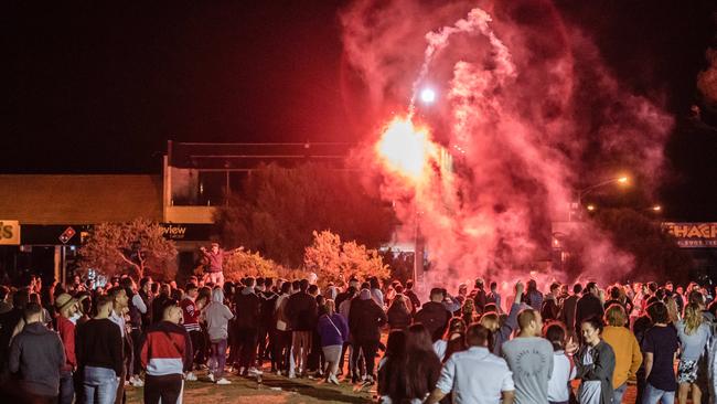 Chaos broke out in Rye this week as unruly schoolies lit flares in the town. Picture: Jason Edwards