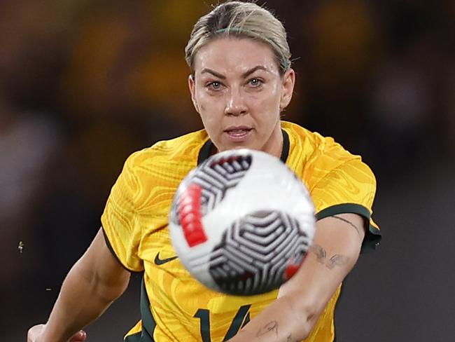 MELBOURNE, AUSTRALIA - FEBRUARY 28: Alanna Kennedy of Australia kicks the ball during the AFC Women's Olympic Football Tournament Paris 2024 Asian Qualifier Round 3 match between Australia Matildas and Uzbekistan at Marvel Stadium on February 28, 2024 in Melbourne, Australia. (Photo by Darrian Traynor/Getty Images)