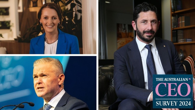 clockwise from top left: Telstra CEO Vicki Brady, Seven Group CEO Ryan Stokes and Santos CEO Kevin Gallagher.