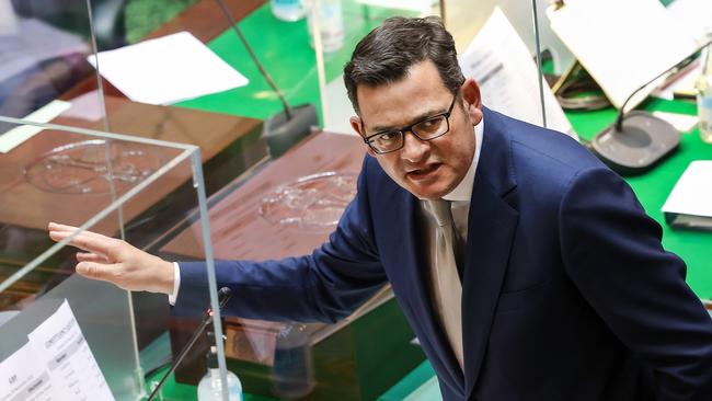 Premier Daniel Andrews responds to a question from the leader of the opposition Michael O'Brien after the budget. Picture: Ian Currie